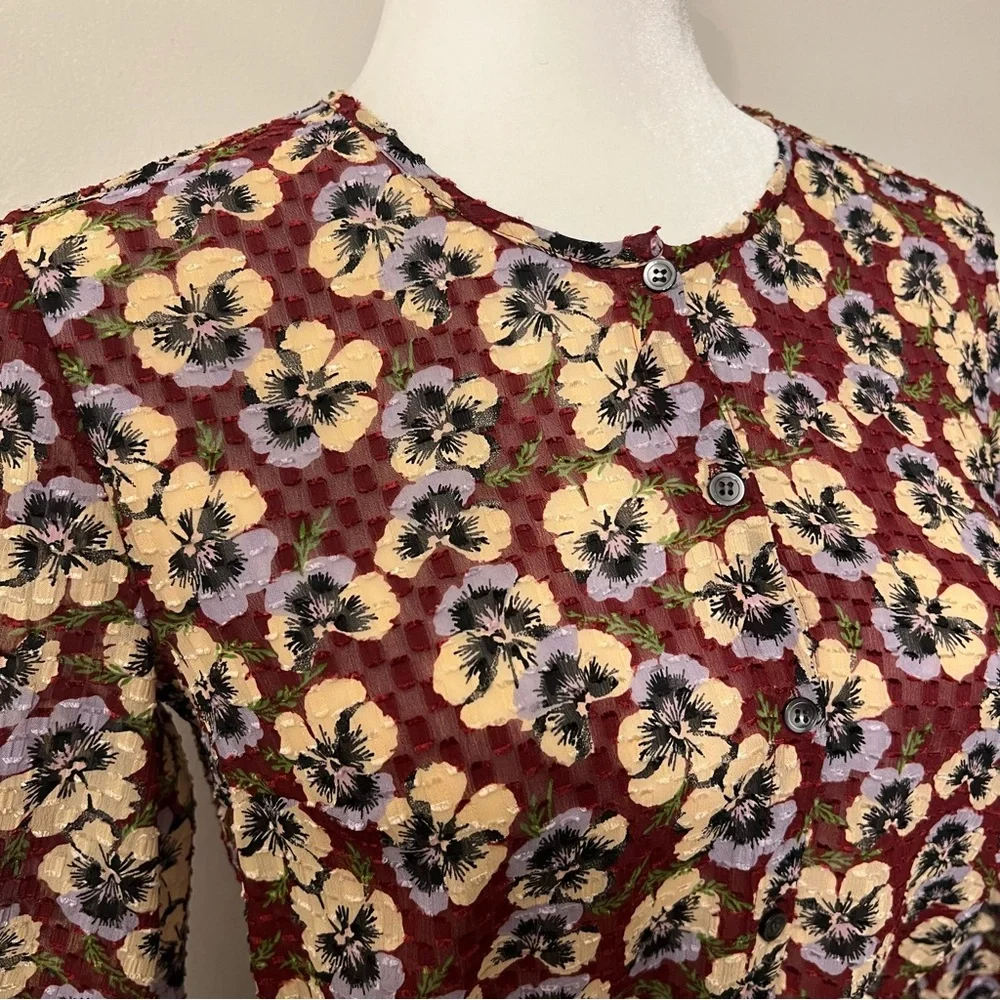 Madewell Drawstring Ruffle-Hem Top in Viola Floral EUC XS Pansy Dusty Burgundy - Picture 12 of 12